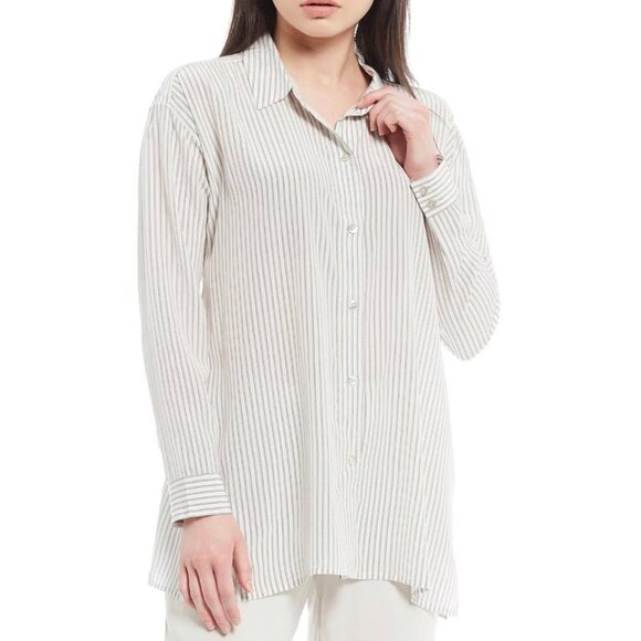 Eileen Fisher 100% Silk Oversized Striped Button Down‎ Tunic Blouse Size Large - Picture 1 of 12